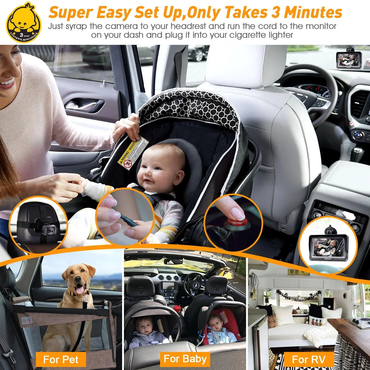 DoHonest Baby Car Camera HD 1080P: 360° Rotating Plug and Play Easy Install 3 Mins Rear Facing Car Baby Monitor with Camera Crystal Night Vision Backseat Camera Two Kids -V33