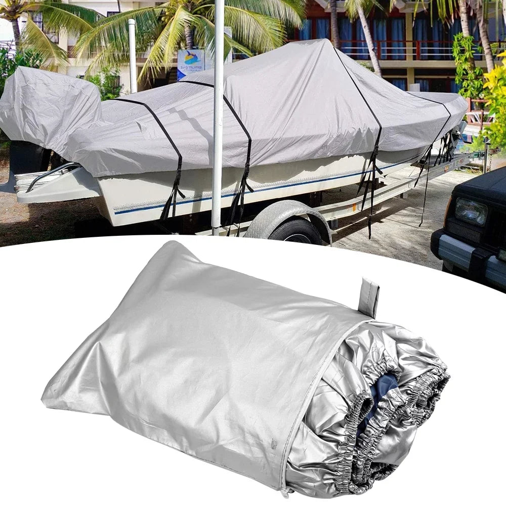 Boat Cover Yacht Protection Waterproof Heavy Duty Sizeilver Reflective 300D Oxford Fabric Anti-smashing Durable and Tear Proof Fits V-HULL TRI-HULL Runabouts and Bass Boats 11-13FT