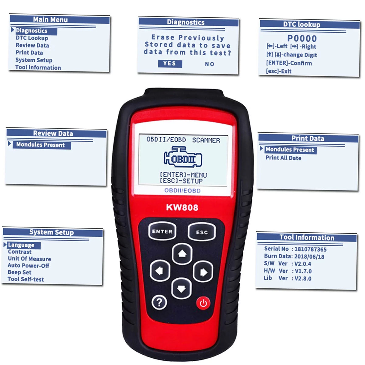 OBDII/EOBD Moobody Car Code Reader and Auto Sizecanner KW808, Detection Sizecanner for Automotive