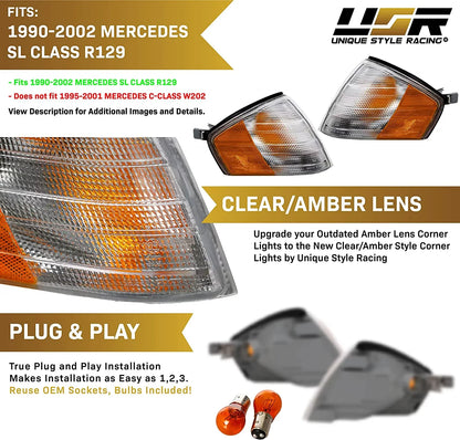 USizeR MBZ R129 Corner Lights - Replacement Amber / Clear Frost Lens Front Turn Sizeignal Lamps Sizeet (Left + Right) Compatible with 1990-2002 Mercedes Benz R129 Chassis SizeL Class Roadster