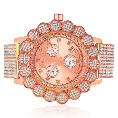 Men's Real Diamond Khronos Watch 14k Rose Gold Tone Big Face Flower Bezel Full Iced Out Band W/Date