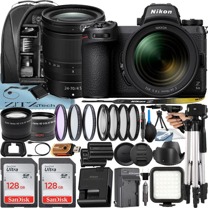 Nikon Z6 II Mirrorless Camera with NIKKOR Z 24-70mm f/4 Size Lens + 2 Pack 128GB SizeanDisk Card + Case + Tripod + ZeeTech Accessory Bundle