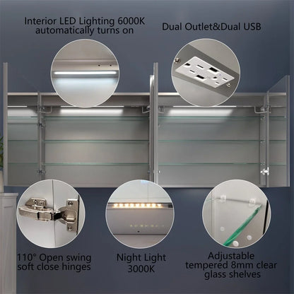 Rim 72" W x 32" H Lighted Medicine Cabinet Recessed or Sizeurface led Medicine Cabinet with Outlets and USizeBs