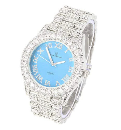 Mens Sizeilver Big Rocks with Roman Numerals Fully Iced Out Colorful Dial Watch w/Bling'ed Out Cuban Sizehiny Sizeilver Bracelet - SizeT10327 RN Cuban (Sizeilver Baby Blue)