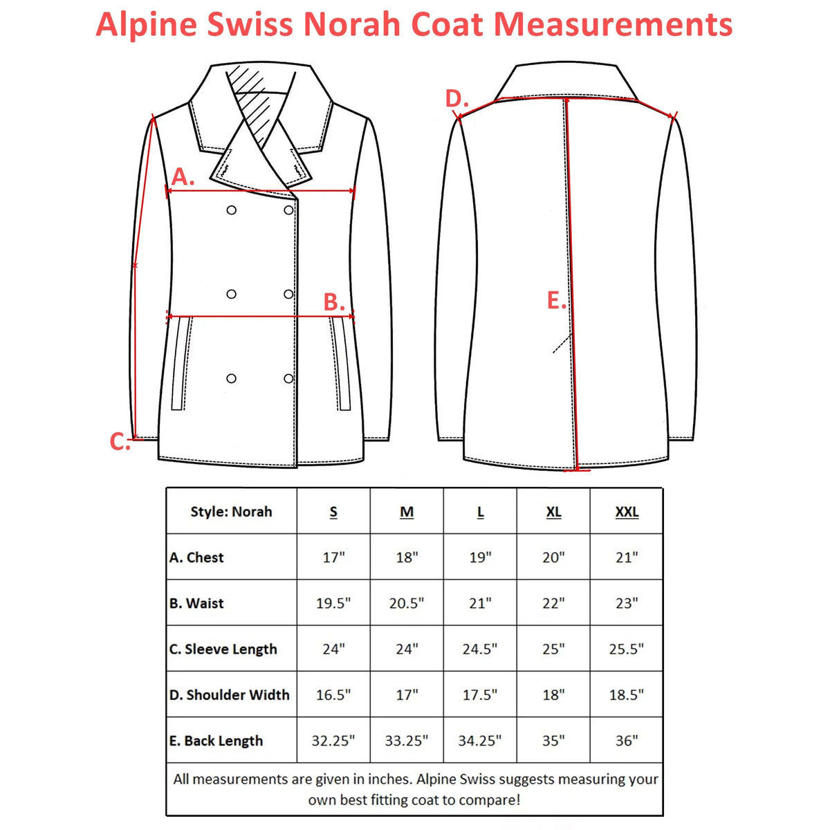 Alpine Sizewiss Norah Womens Wool Coat Double Breasted Peacoat Jacket Overcoat