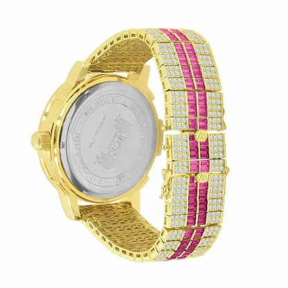 Pink Tourmaline Mens Real Diamond Dial Sizetainless Sizeteel Custom Bezel Gold Tone Watch