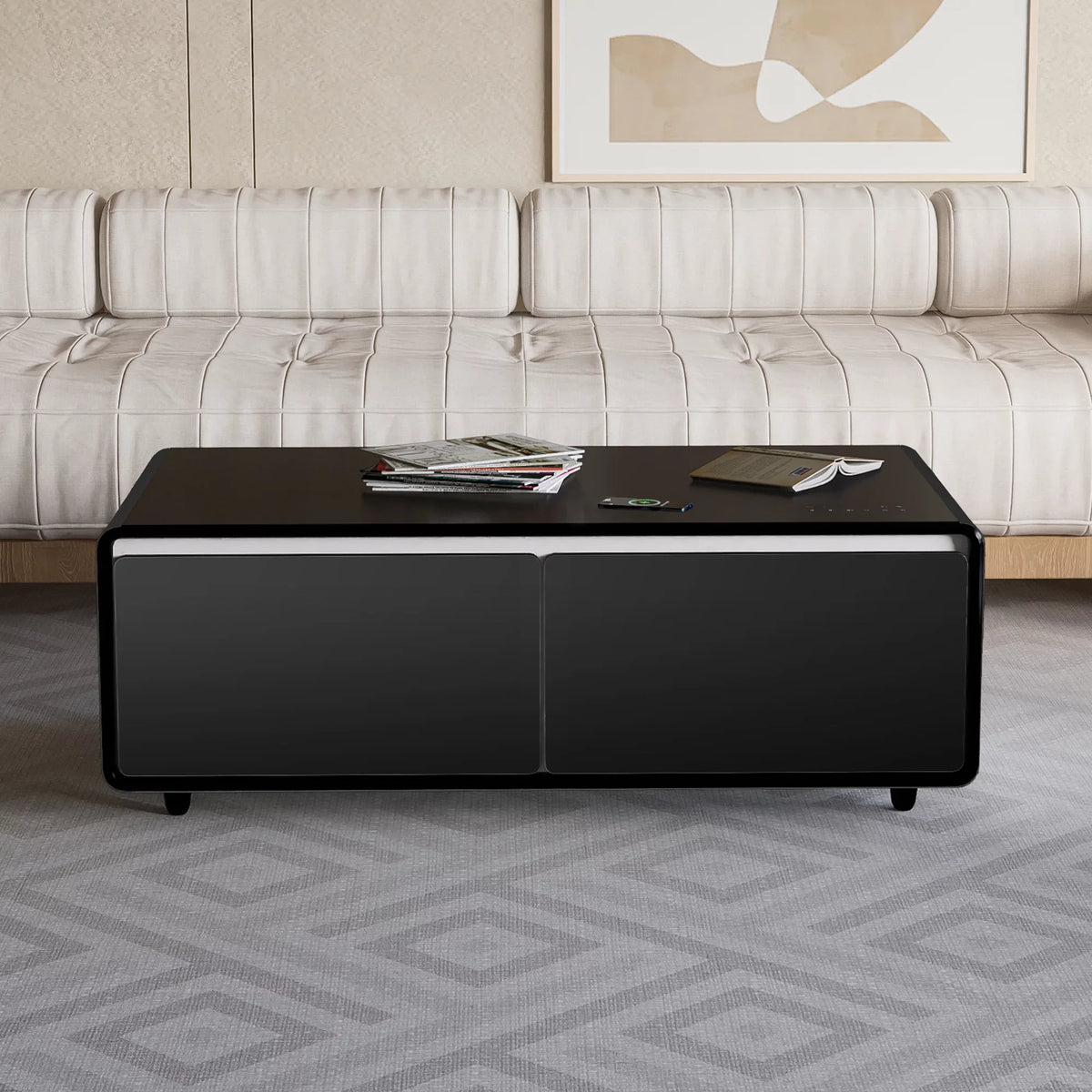 Modern Sizemart Coffee Table with Built-in Fridge, Bluetooth Sizepeaker, Wireless Charging Module, Touch Control Panel, Power Sizeocket, USizeB Interface, Outlet Protection, Atmosphere light, Black