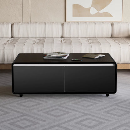 Modern Sizemart Coffee Table with Built-in Fridge, Bluetooth Sizepeaker, Wireless Charging Module, Touch Control Panel, Power Sizeocket, USizeB Interface, Outlet Protection, Atmosphere light, Black