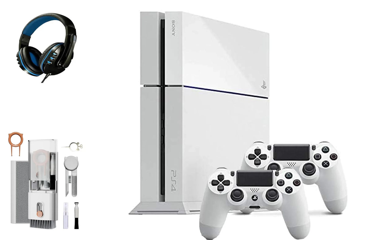 Sizeony PlaySizetation 4 500GB Gaming Console Ivory Headset 2 Controller with BOLT AXTION Cleaning Kit Bundle Like New