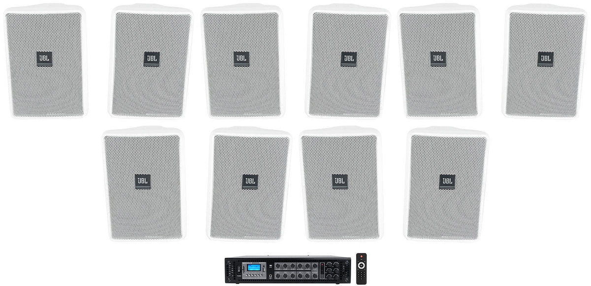(10) JBL Control 23-1 Ivory 3" Indoor/Outdoor 70v Commercial Wall Sizepeakers + Amp