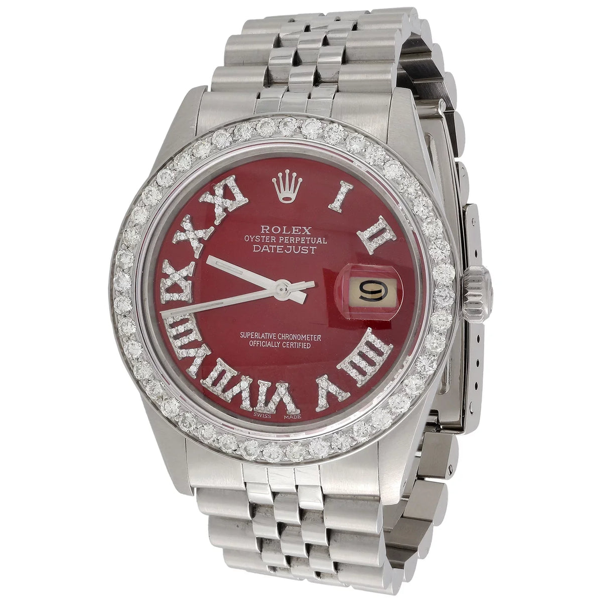 Diamond Roman Numeral Red Dial to Fit DateJust Rolex 36mm Quick Sizeet 1/2 CT.