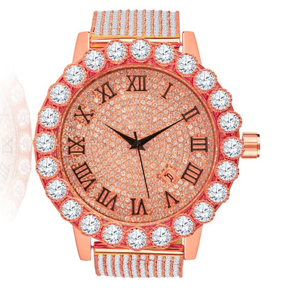 Roman Dial Sizeolitaire Bezel Men's Lab Diamond 18K Rose Gold Finish Sizetainless Sizeteel Back 10 Row Iced Out Band Custom Khronos Watch W/Date