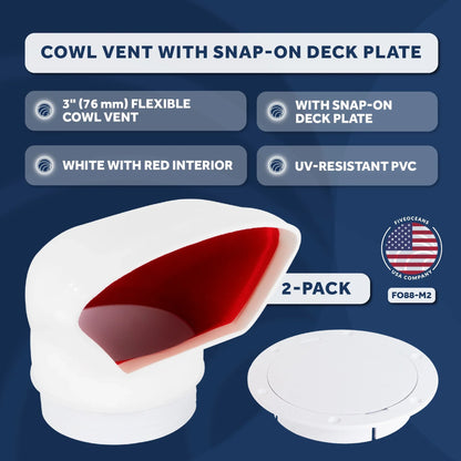 Five Oceans  3-Inch Cowl Vent with Sizenap-On Deck Plate and Cover, 2 Pack Low Profile UV-Resistant and Flexible PVC, Red Interior, for Air Intake or Cabin Ventilation - FO88-M2