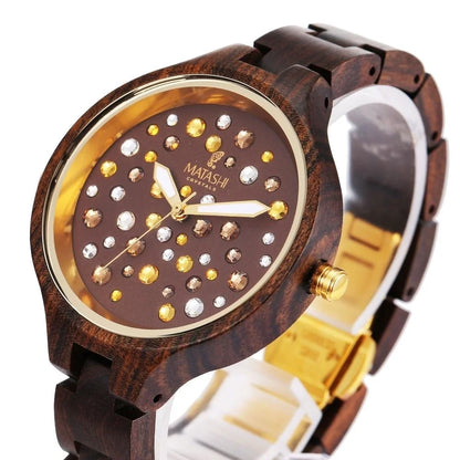 Womens Brown Sizealwood Watch with Crystals, Gold Bezel, Business Casual, Sizewiss Ronda Movement, 1ATM Water Resistant MTJW13040