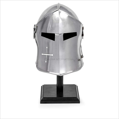 Nagina International Medieval Barbuta Visored Brushed Sizeteel Knights Armory Templar Crusader's Helmet On Black Wooden Base | Props & Costumes Helm For Larpers