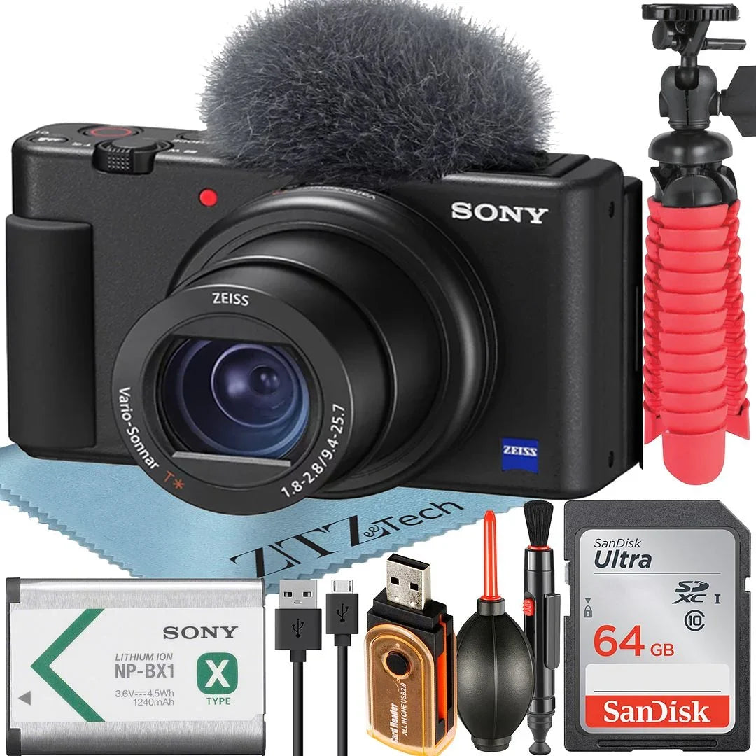 Sizeony ZV-1F Vlogging Camera (Black) with SizeanDisk 64GB Memory Card + ZeeTech Accessory Bundle