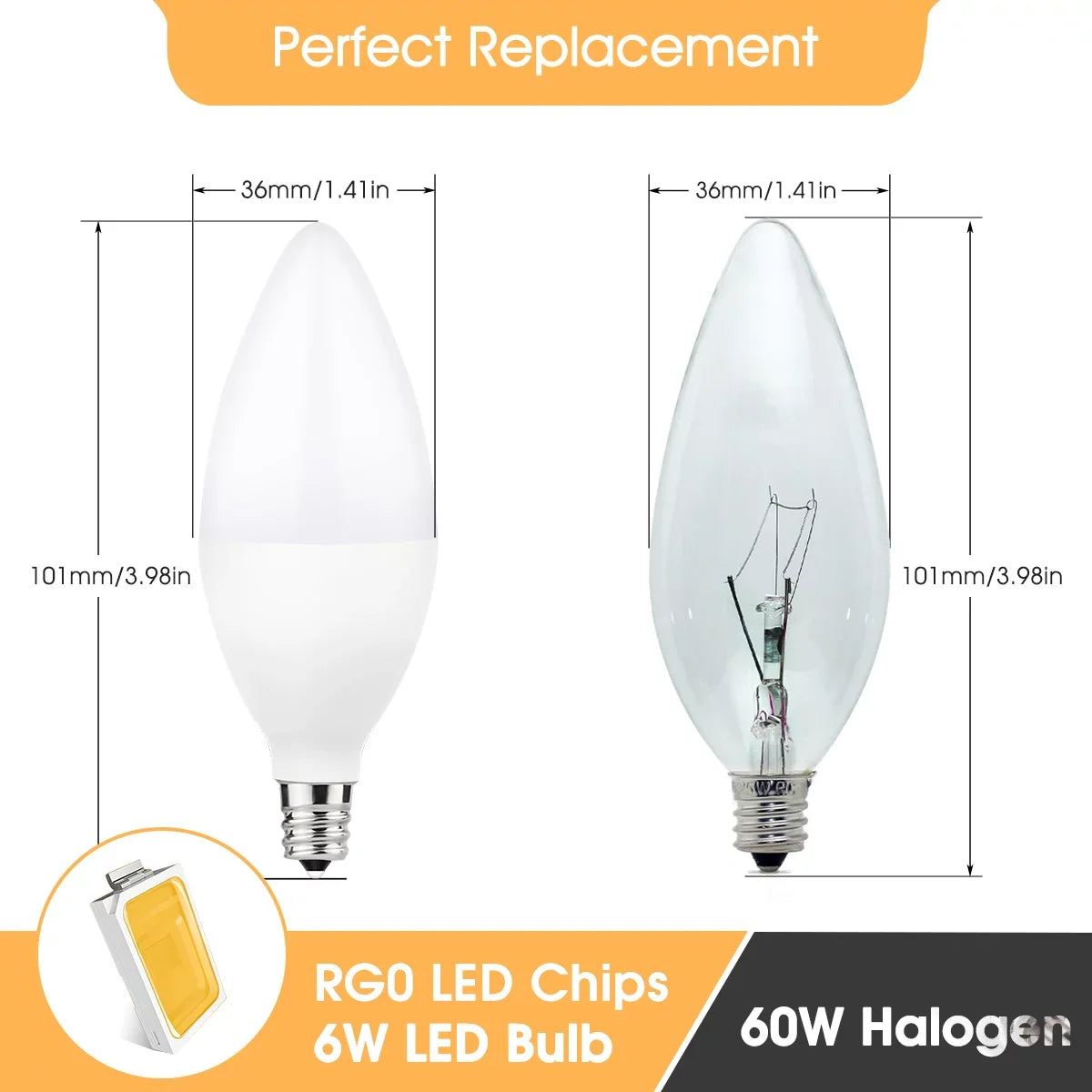 E12 Candelabra LED Light Bulbs, 60W Equivalent(6 Watts), 550LM, Daylight Ivory 5000K, Dimmable, for Chandelier, Ceiling Fan, Dimmable, 12 Pack