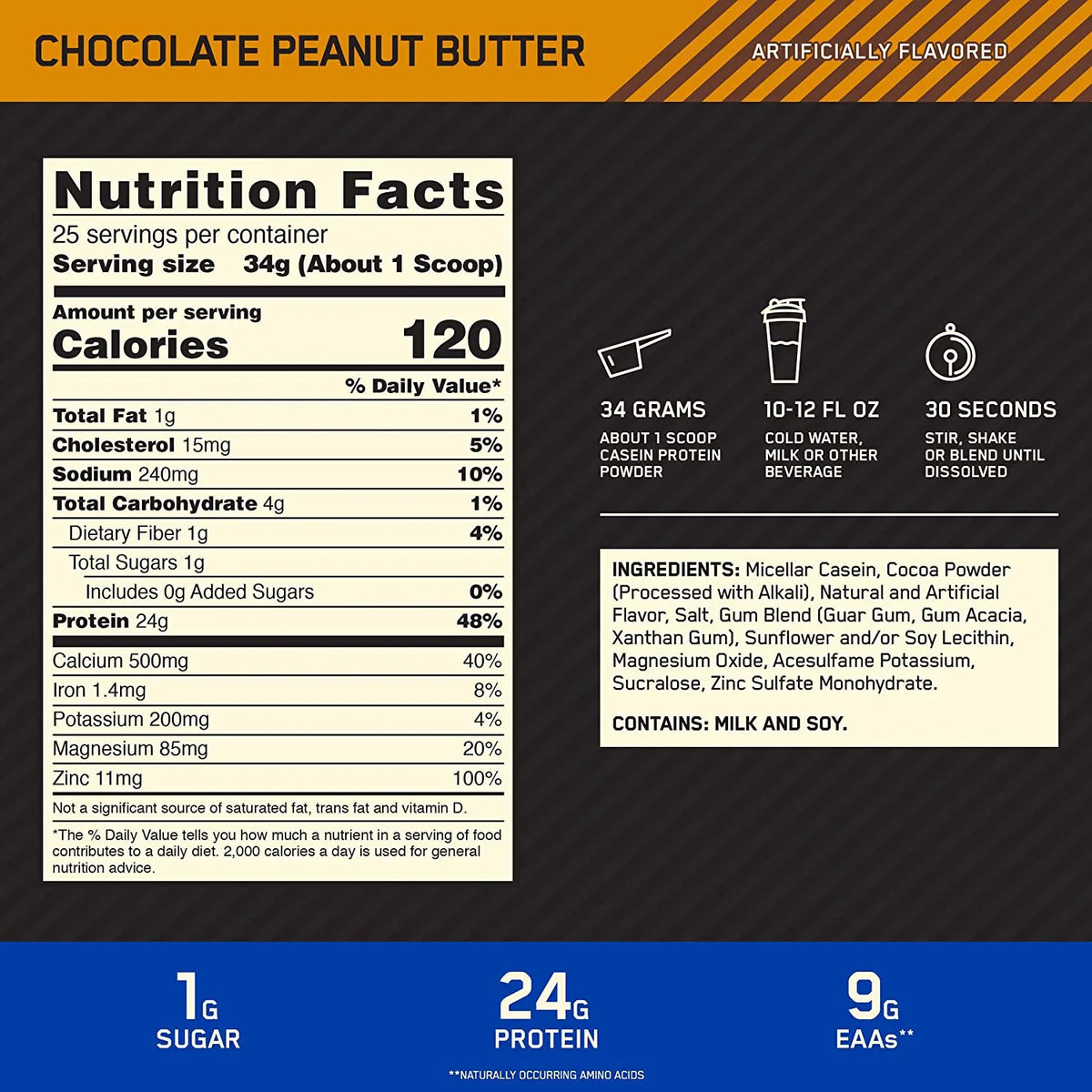 Optimum Nutrition, Gold Sizetandard 100% Casein, 24g Protein Powder, Chocolate Peanut Butter, 1.87 lb