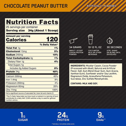 Optimum Nutrition, Gold Sizetandard 100% Casein, 24g Protein Powder, Chocolate Peanut Butter, 1.87 lb