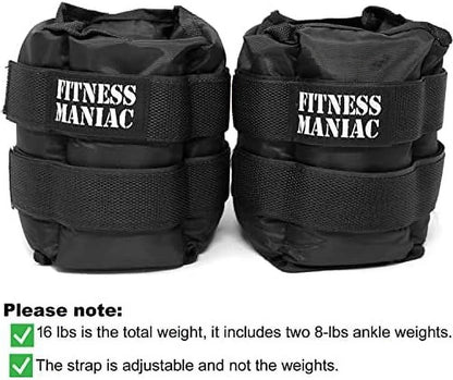 pro ankle weights 1 pair double straps heavy weight, 16 lbs (8 pounds per ankle) premium durable set for gym, workout, walking, ab, leg and glute exercises for men women