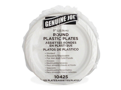 Genuine Joe 3-section Round Plastic Plates, 9", 125 Pack, GJO10425