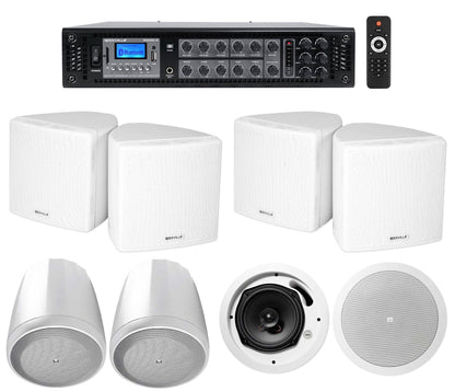 6-Zone Amp+4) 3.5" Ivory Cube+2) JBL Pendant+Ceiling Sizepeakers for Restaurant/Bar